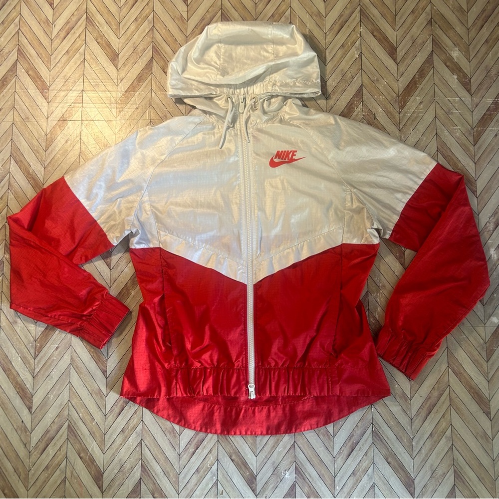Nike Women's Windbreaker Small Full Zip Hooded Red & White Tech Track Suit Style